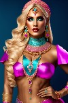 white belly dancer in turquoise and pink costume w
