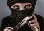 woman yashmak knife her hands 450w 721904914